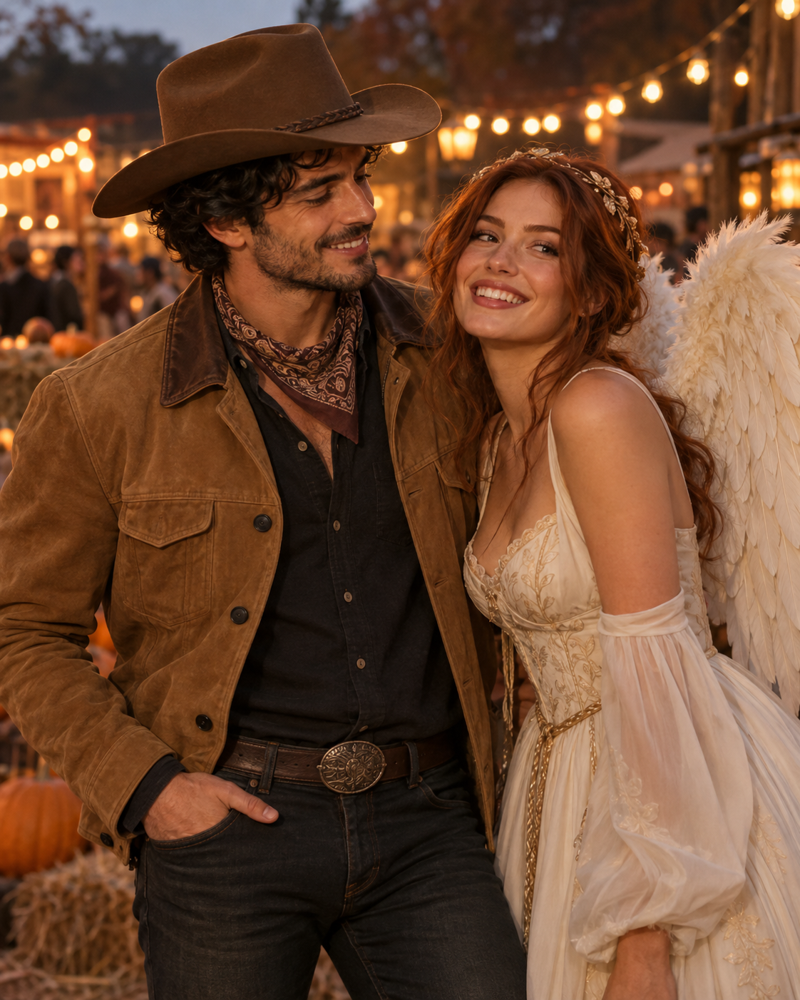 AI concept: two adult friends dressed as a cowboy and an angel at an autumn fair