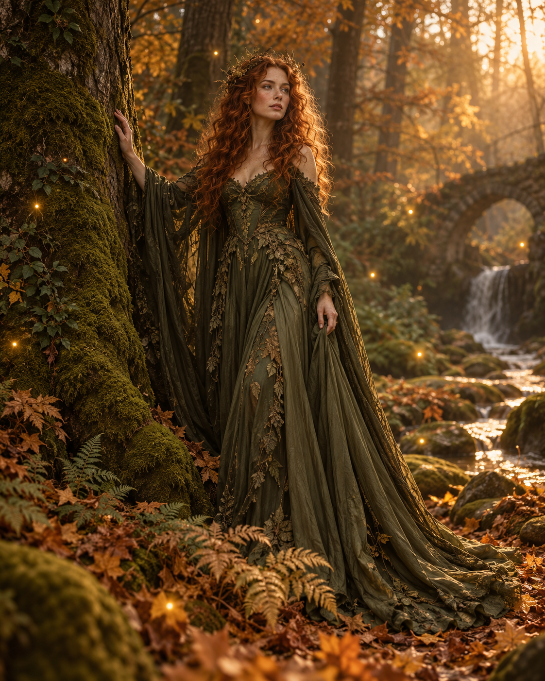 AI concept: an adult in a moss-green gown in a golden autumn forest