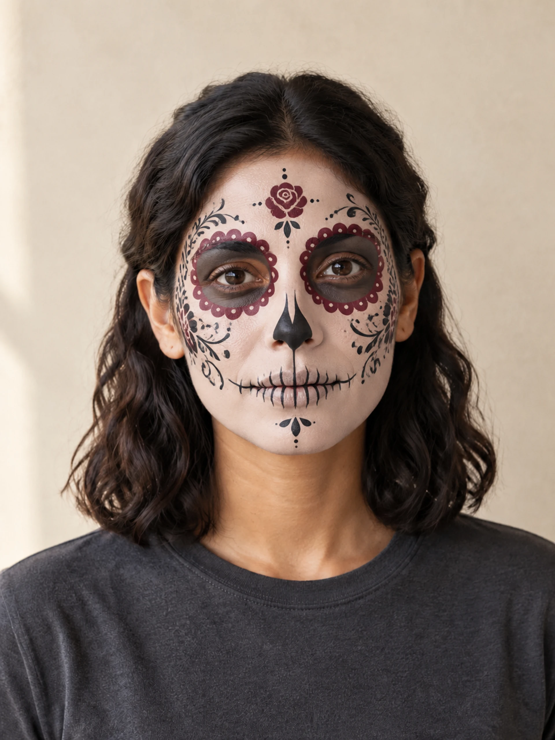 Catrina 妆概念图,酒红色眼眶、精细黑色花纹和额头玫瑰彩绘